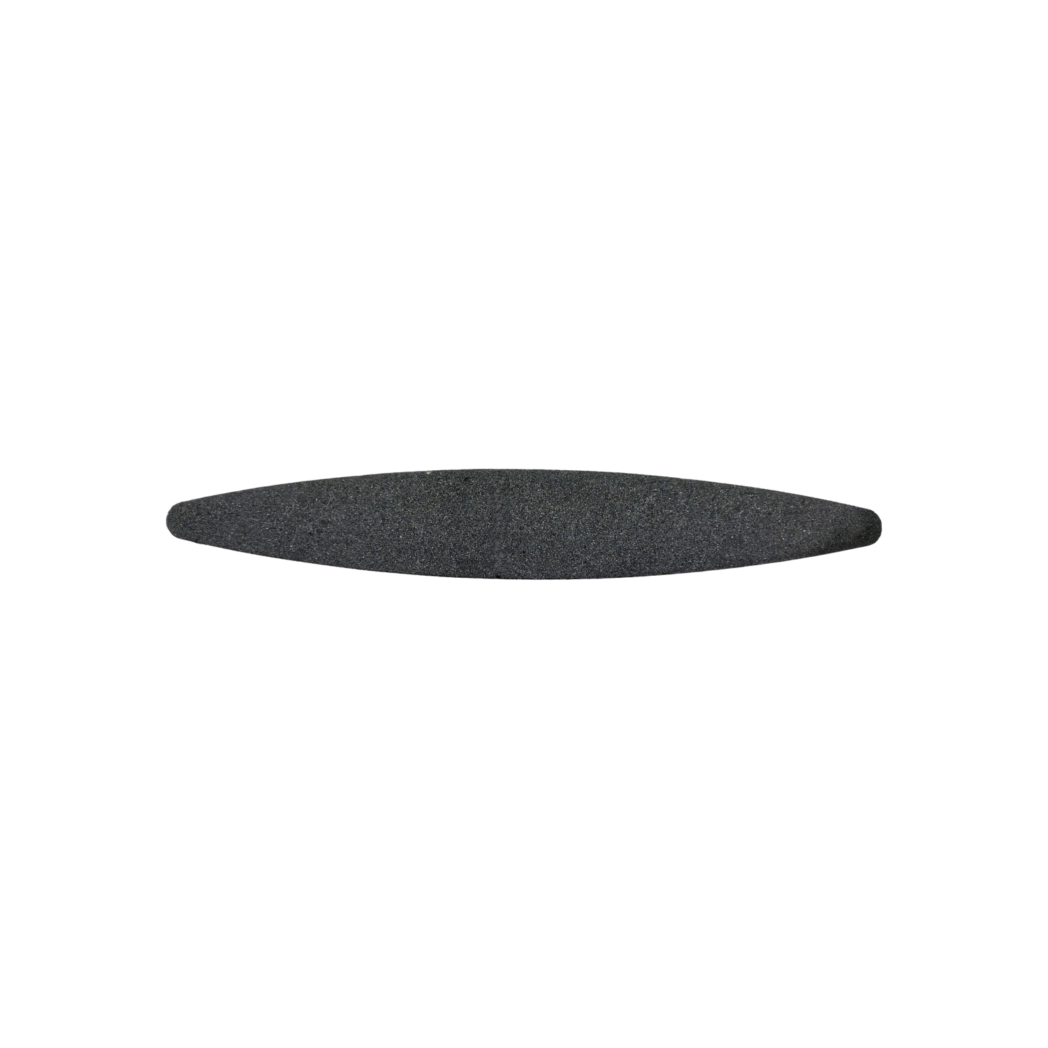 Piedra de afilar ovalada de grano fino para herramientas y cuchillos, superficie gris abrasiva.