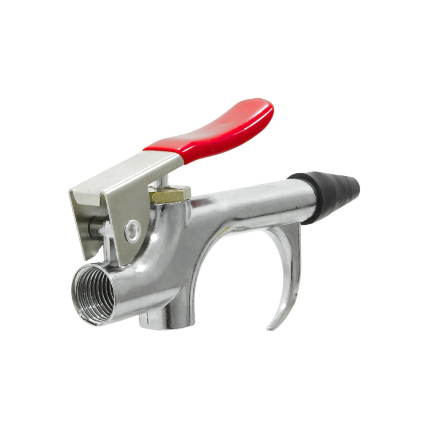 Pistola para sopletear de aire cromada con gatillo rojo, boquilla de goma negra y conexión roscada 1/4" para limpieza