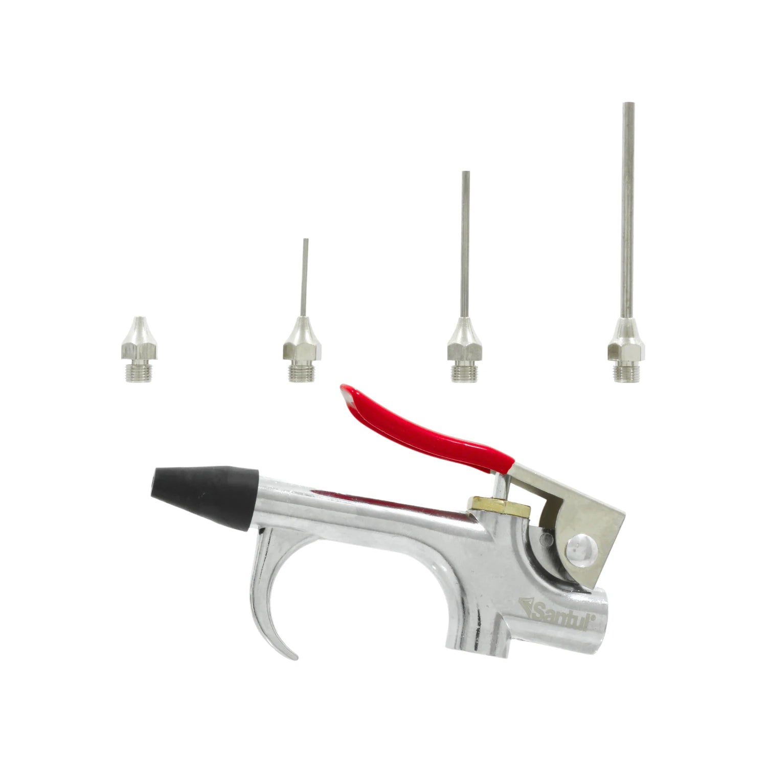 Pistola para sopletear Santul con gatillo rojo y 5 boquillas metálicas de diferentes tamaños para aire comprimido