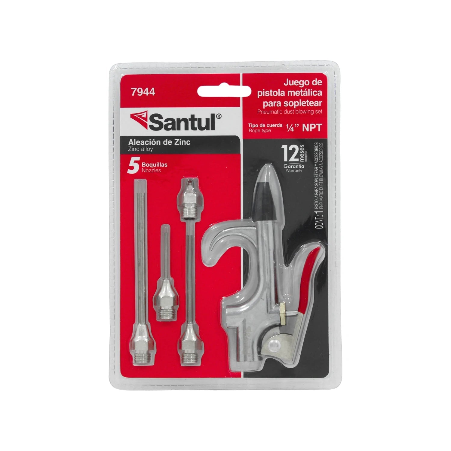 Pistola sopladora neumática Santul 7944 de aleación de zinc, 1/4" NPT, con 5 boquillas