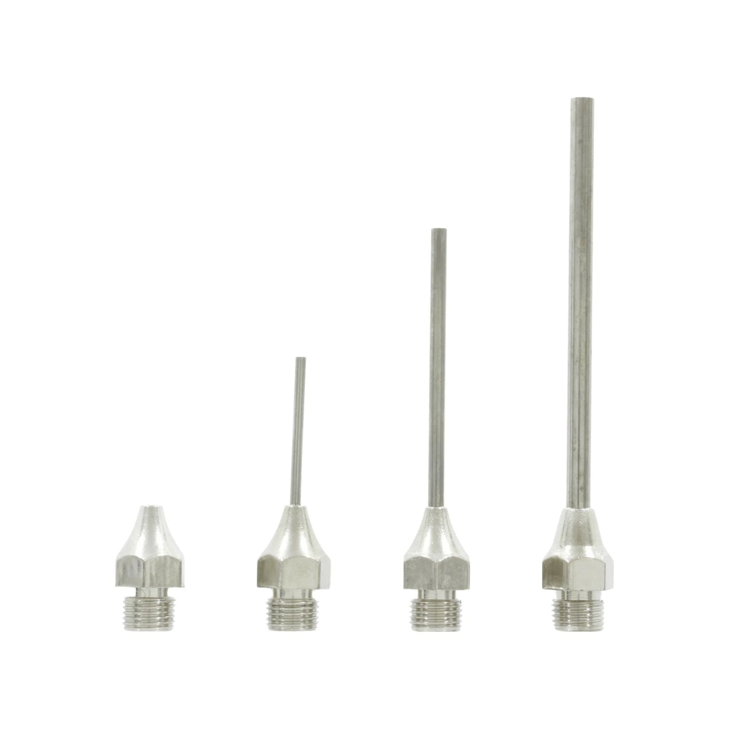 Juego de 4 boquillas metálicas con rosca para sopletear, de distintas longitudes, color gris plateado.