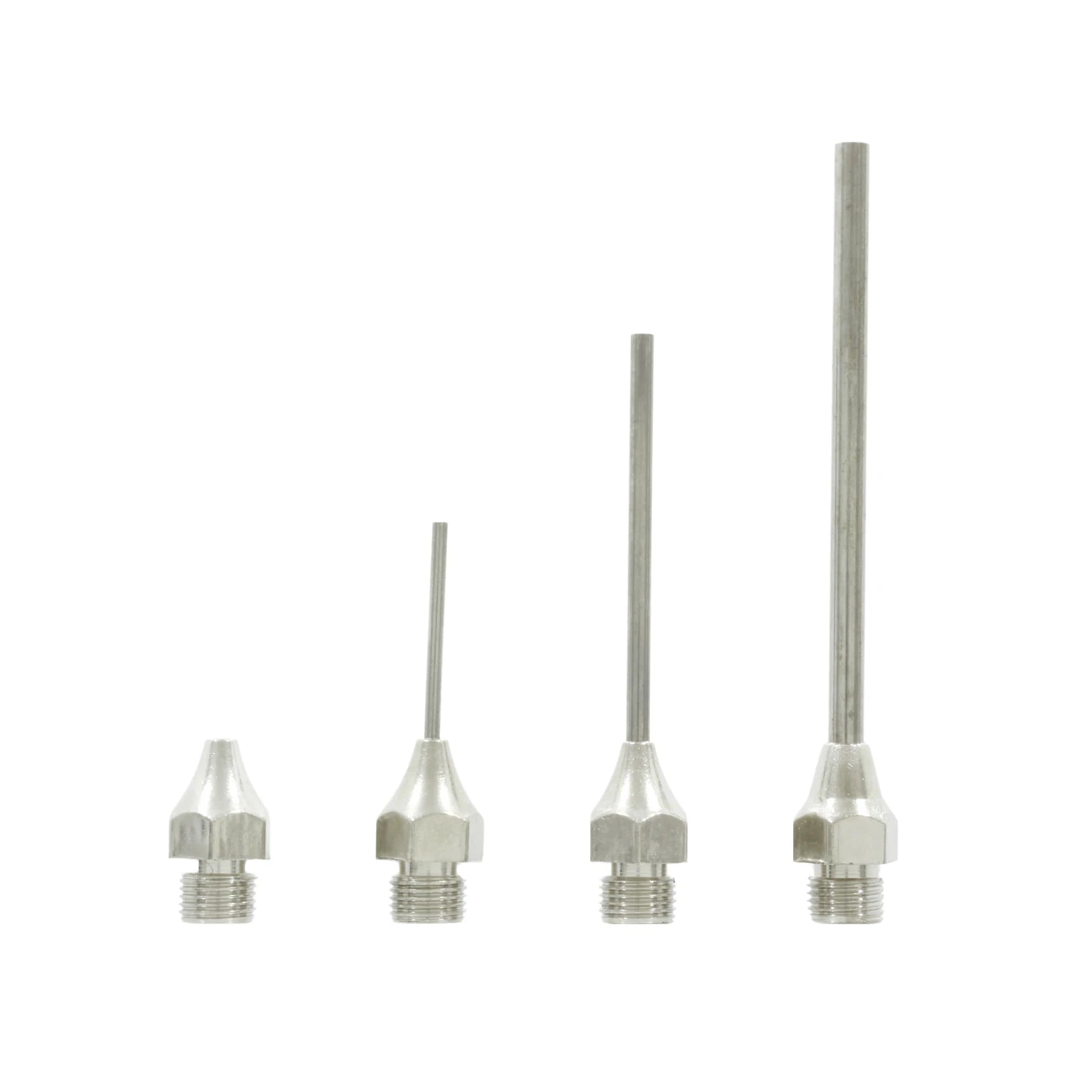 Juego de 4 boquillas metálicas con rosca para sopletear, de distintas longitudes, color gris plateado.