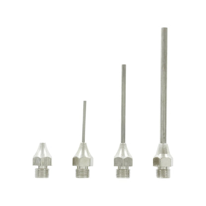 Juego de 4 boquillas metálicas con rosca para sopletear, de distintas longitudes, color gris plateado.