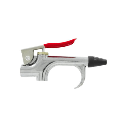 Pistola sopleteadora de aire comprimido cromada, gatillo rojo, boquilla protectora de goma y gancho integrado.