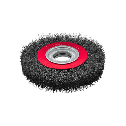 Carda plana ondulada de acero para esmeriladora, cepillo metálico gris con disco central rojo