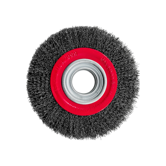 Carda plana ondulada para esmeriladora Santul 7999, cepillo de alambre circular con eje rojo, 6000 RPM.