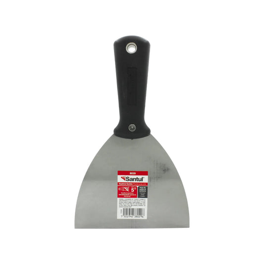 Espátula flexible Santul 5 pulgadas, mango plástico negro, hoja acero al carbono para masilla.