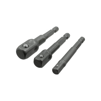 Juego 3 adaptadores de dado de impacto 1/4, 3/8, 1/2, vástago hexagonal a cuadrado, retén de bola, metal gris