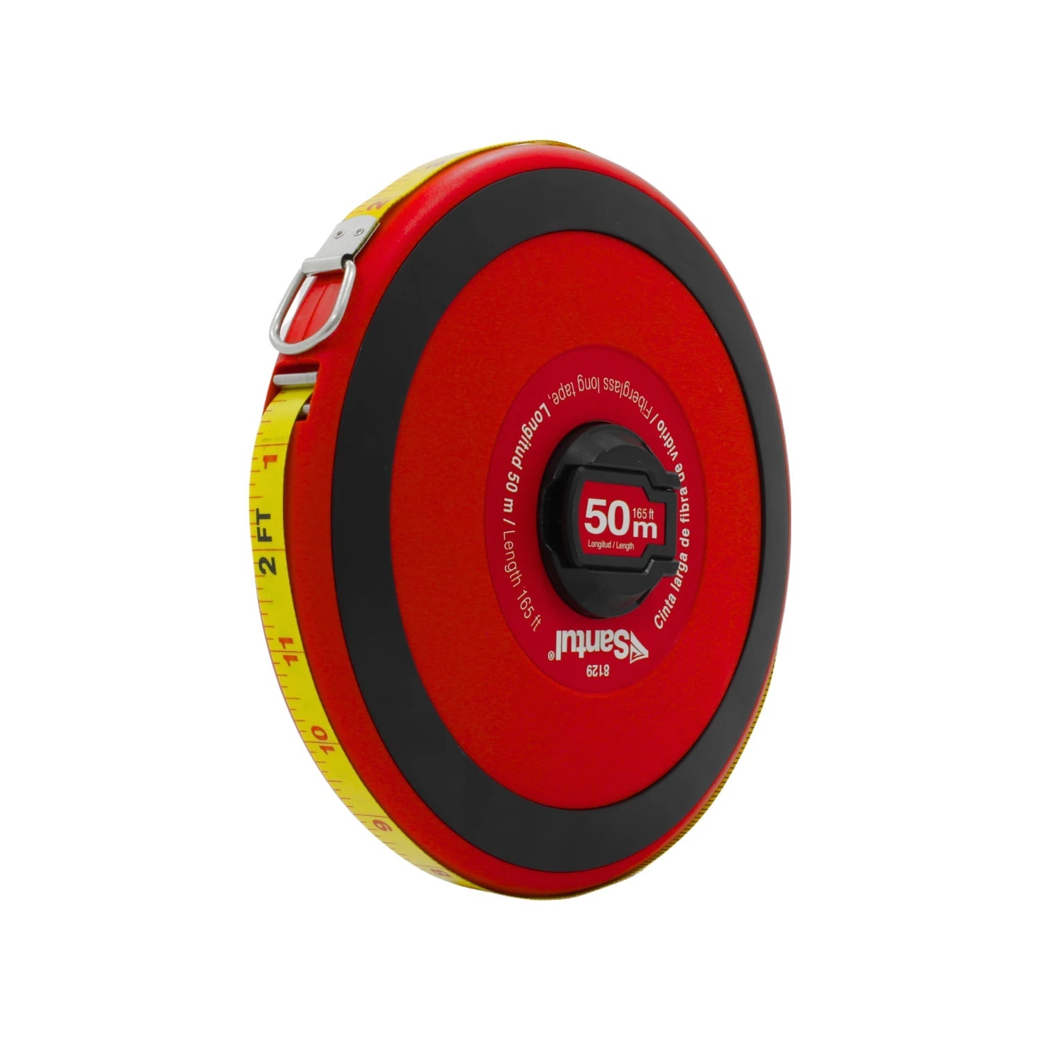 Cinta métrica Santul 8129 de fibra de vidrio 50m (165ft), carcasa roja y negra, para mediciones largas.