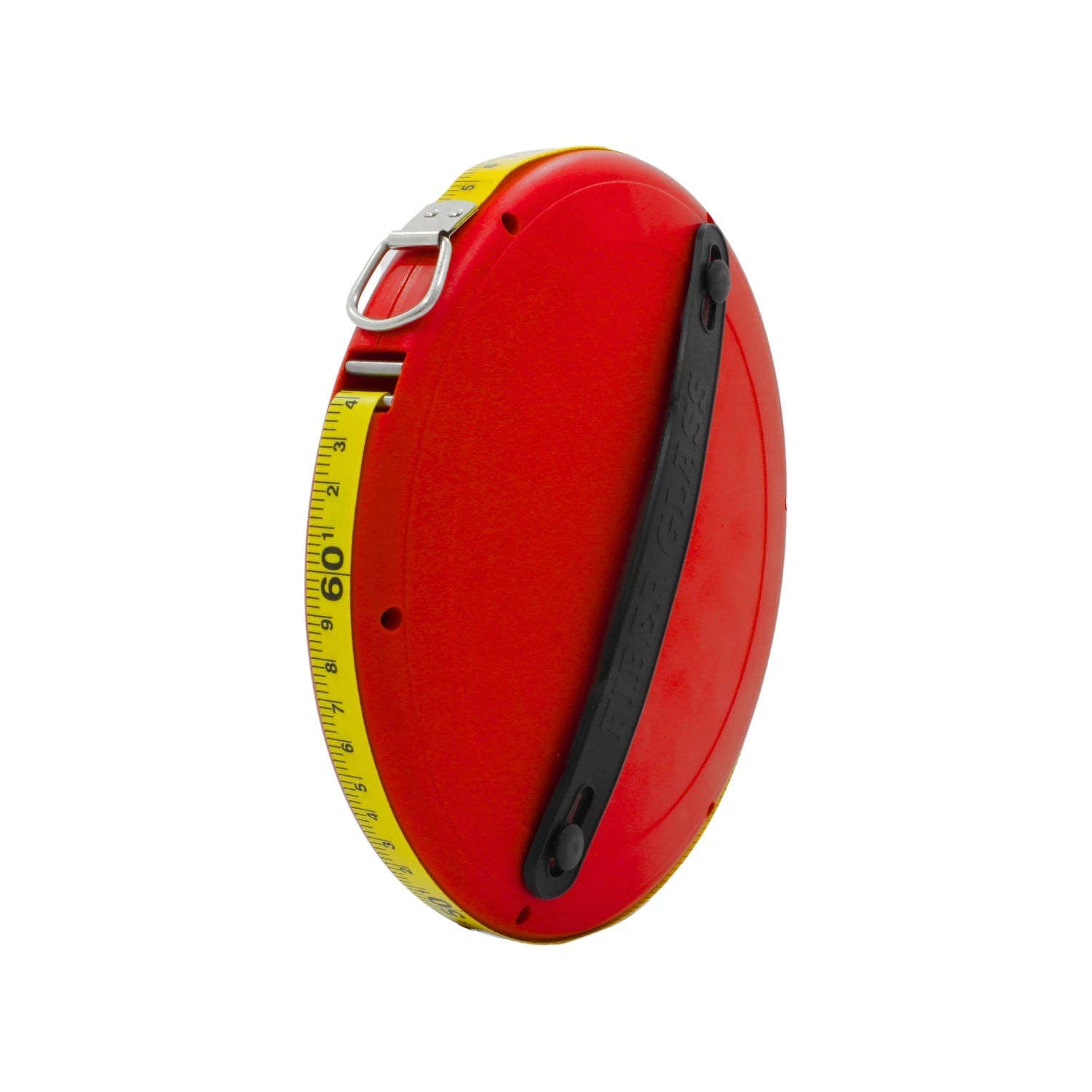 Cinta métrica de fibra de vidrio enrollable, carcasa roja ovalada, cinta amarilla graduada a 60