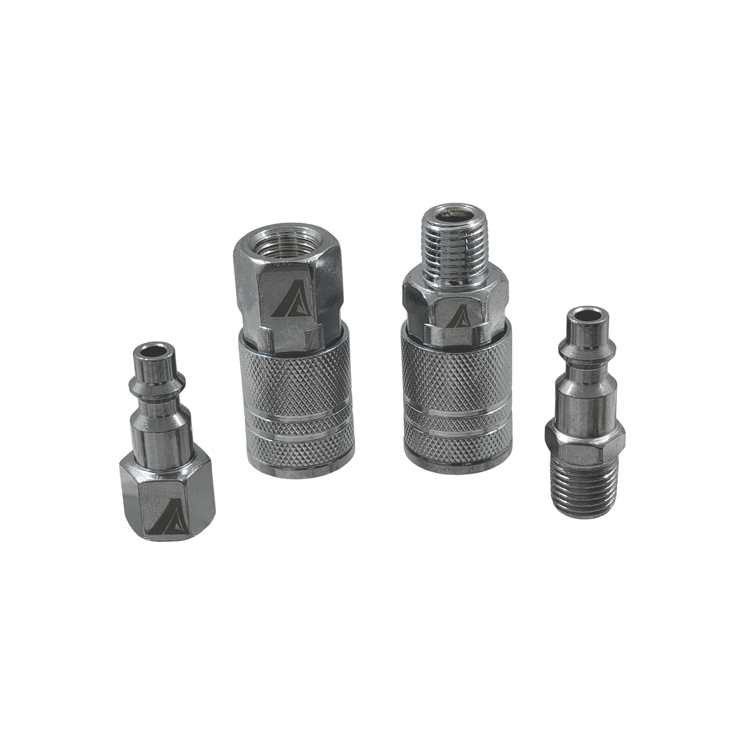 Coples rápidos de metal para compresora, kit 4 piezas plateadas: 2 acoples hembra y 2 plugs macho con rosca.
