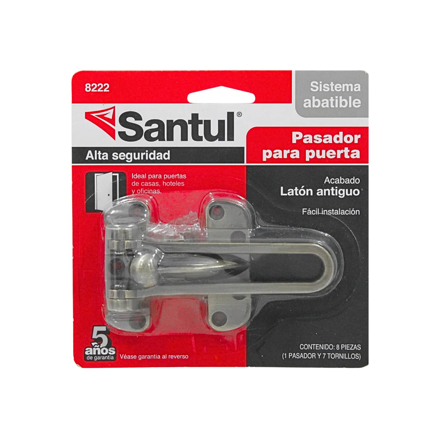 Pasador de puerta Santul de alta seguridad abatible, acabado latón antiguo. Ideal para hogares y hoteles.