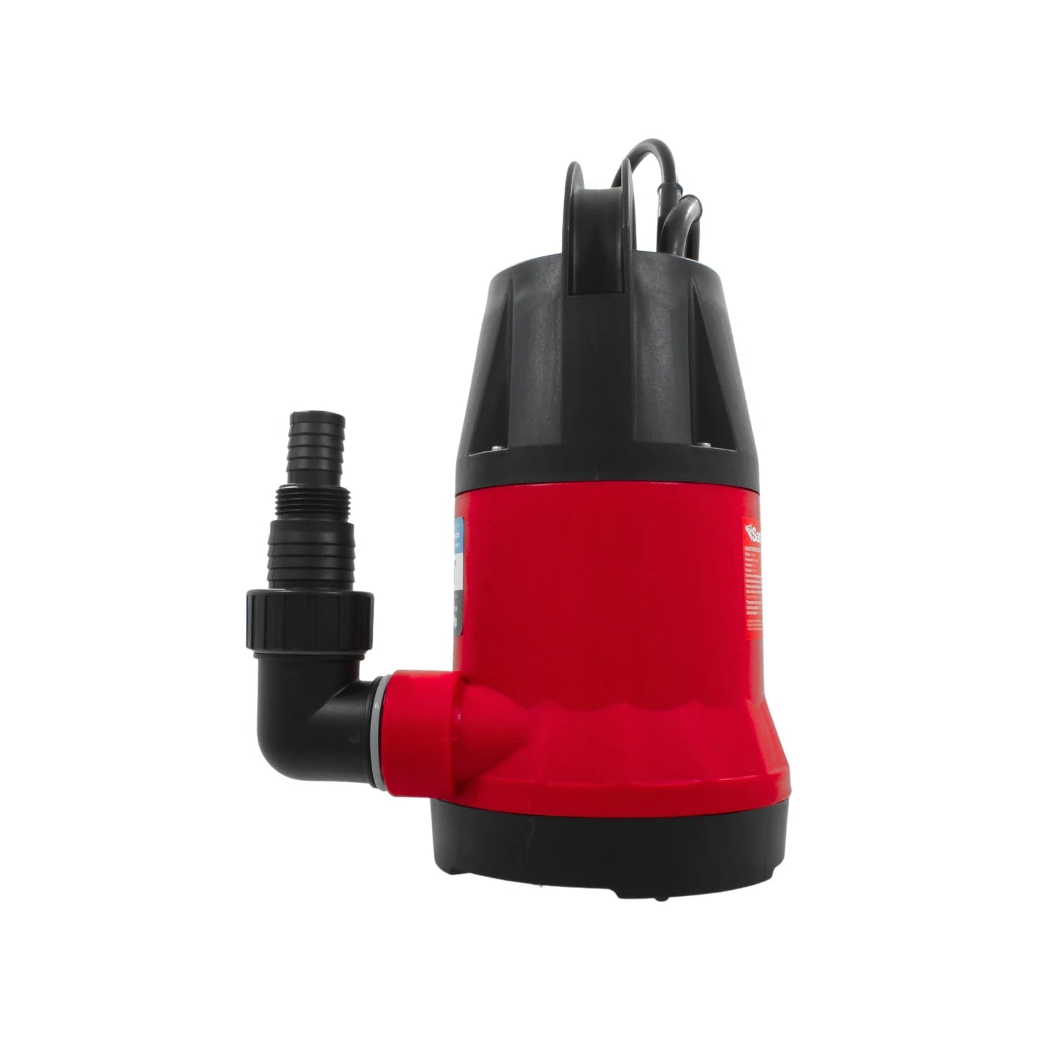 Bomba sumergible eléctrica roja y negra para agua limpia con conexión de manguera, ideal para drenaje y vaciado.