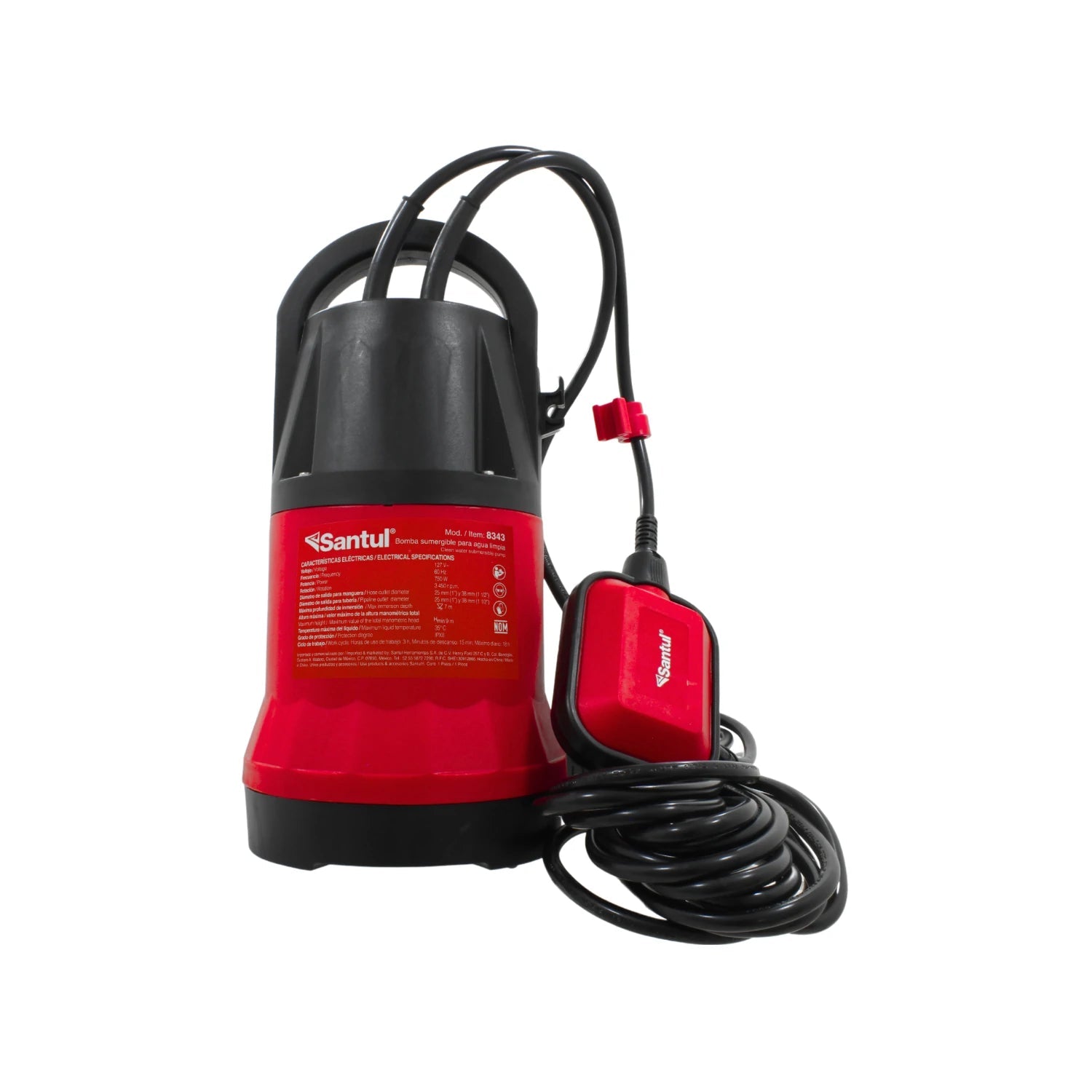 Bomba sumergible Santul 8343 para agua limpia, rojo y negro, con interruptor de flotador automático