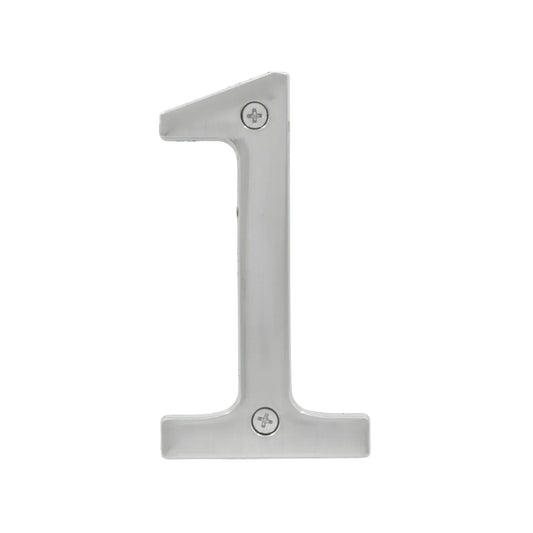 Número de casa 1 de metal cromado brillante con tornillos, para exterior e interior
