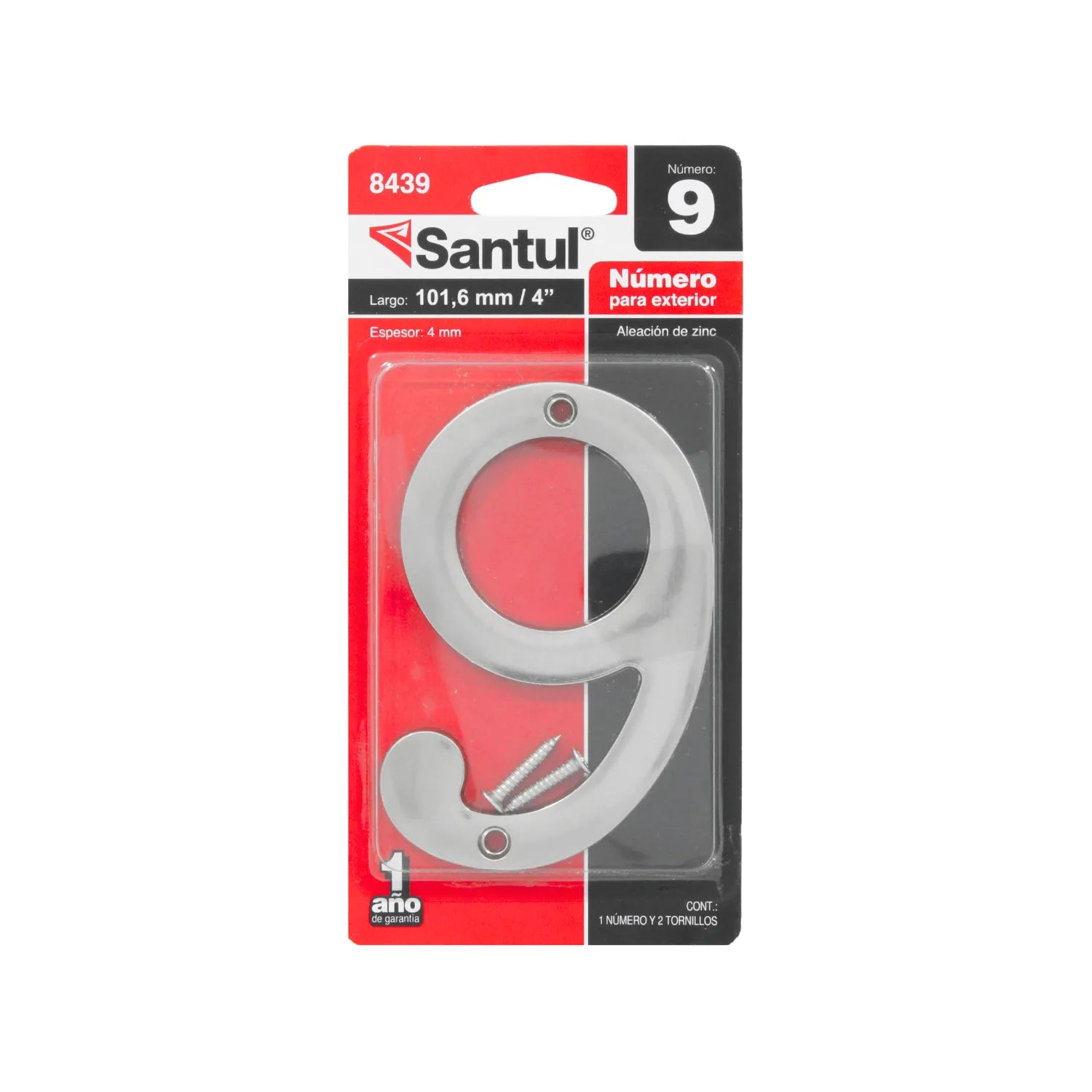 Número de casa Santul 9 para exterior, aleación de zinc plateado, 101.6mm (4"), incluye tornillos