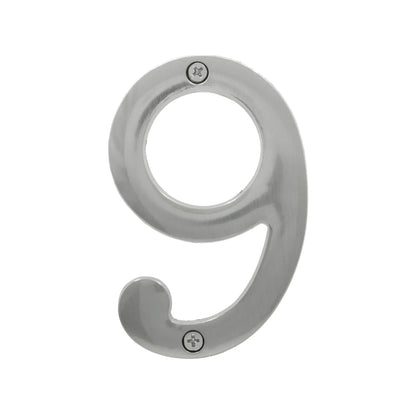 Número 9 de metal atornillable para casa, acabado cepillado plateado, resistente para exteriores.