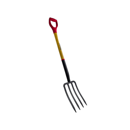 Bieldo metálico Santul con 4 dientes, mango de madera amarillo y empuñadura tipo D roja para jardinería