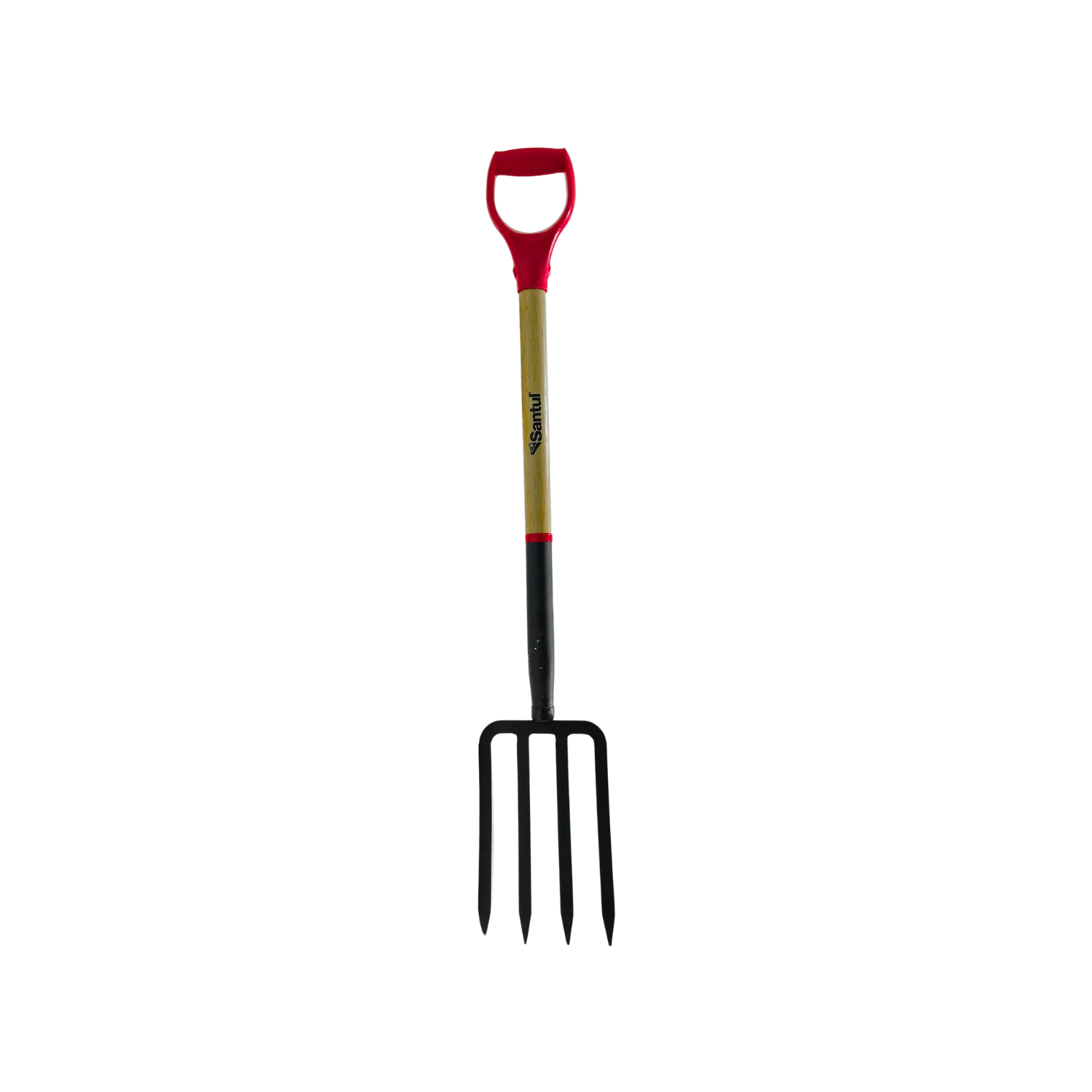 Bieldo Santul 4 dientes de acero, mango D rojo ergonómico y bastón de madera para jardín y agricultura