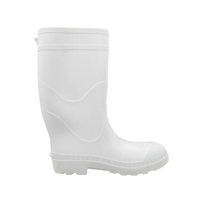 Bota sanitaria blanca de goma, impermeable, con suela antideslizante para protección y entornos de higiene.