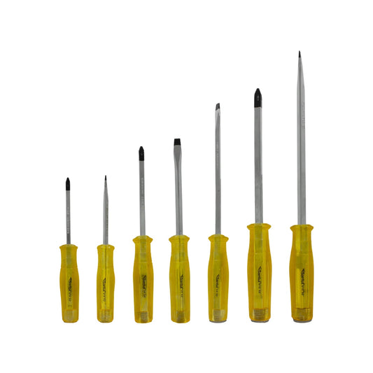 Juego de 7 desarmadores Santul: 4 planos, 2 Phillips y 1 punzón, mangos amarillos, puntas endurecidas