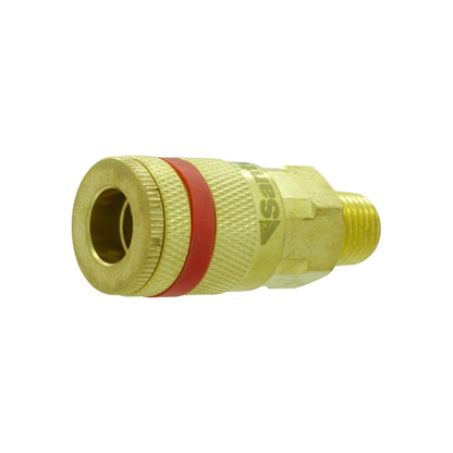 Cople rápido Santul 1/4" macho de latón para compresora, conexión roscada, con anillo rojo.