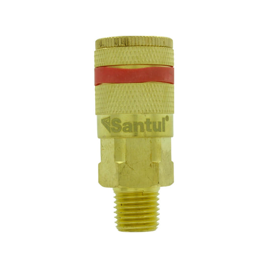 Cople rápido de latón Santul 1/4" macho para compresora, conexión neumática dorada con banda roja.