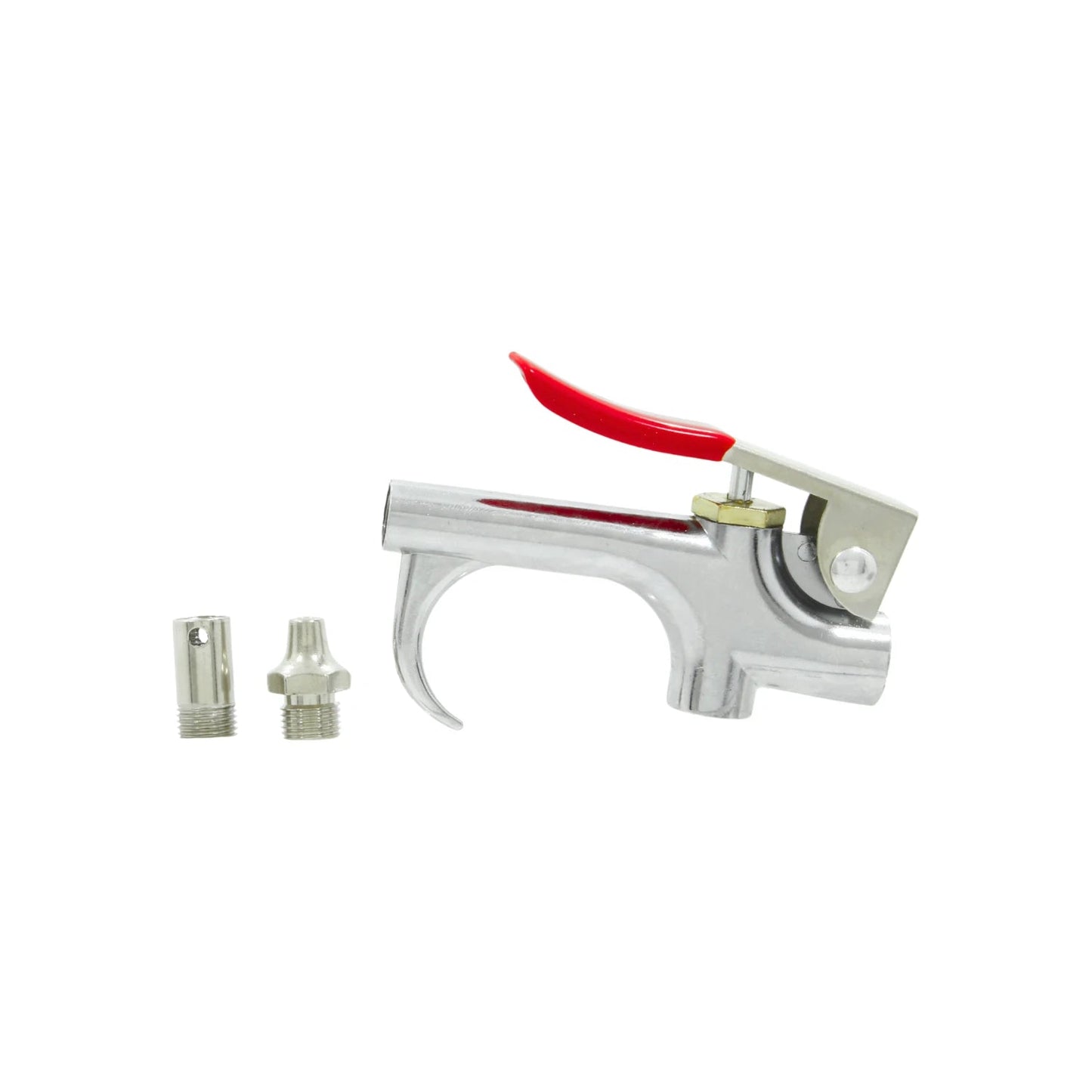 Pistola para sopletear de aire cromada con gatillo rojo y dos boquillas intercambiables, herramienta neumática.