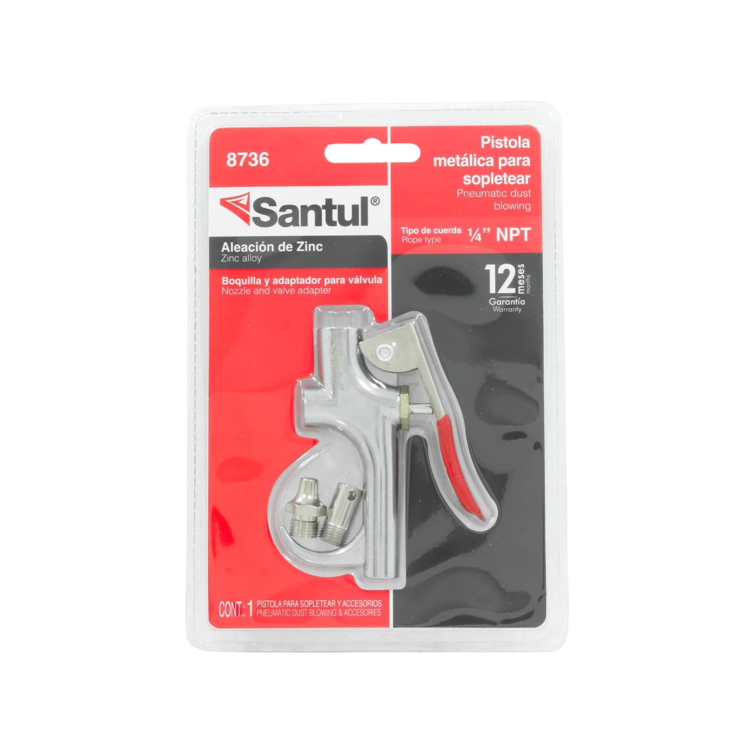 Pistola metálica para sopletear Santul 8736 de zinc, conexión 1/4 NPT, incluye boquillas y adaptador.