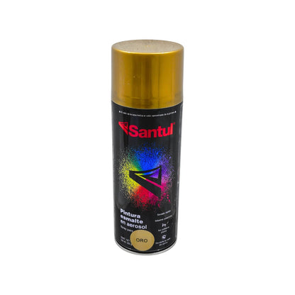 Pintura esmalte en aerosol Santul oro metálico 300ml, secado rápido, máxima cobertura para trabajos de ferretería.