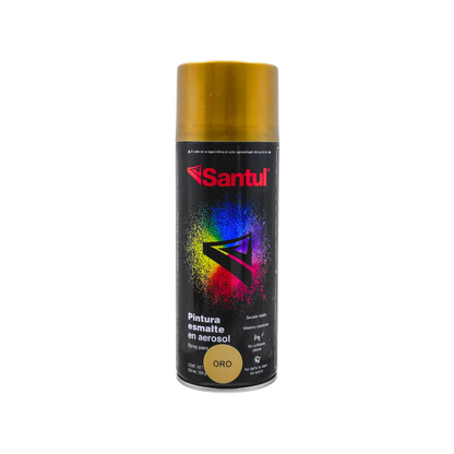 Pintura en aerosol Santul color oro metálico 300ml para acabados profesionales, secado rápido y cobertura.