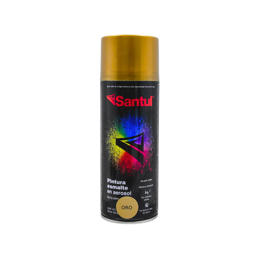 Pintura en aerosol Santul color oro metálico 300ml para acabados profesionales, secado rápido y cobertura.