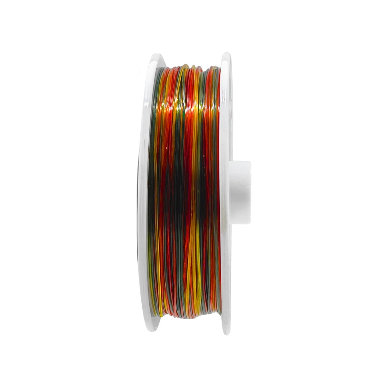 Hilo para pescar multicolor en carrete blanco, línea de pesca resistente y visible.