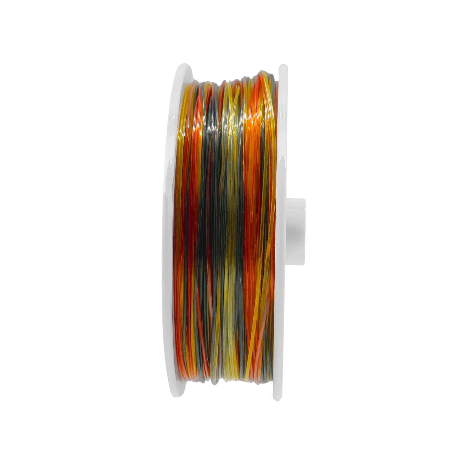 Hilo de pesca multicolor rojo, naranja, amarillo, gris en carrete blanco.