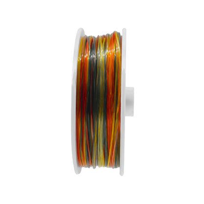 Hilo de pesca multicolor rojo, naranja, amarillo, gris en carrete blanco.