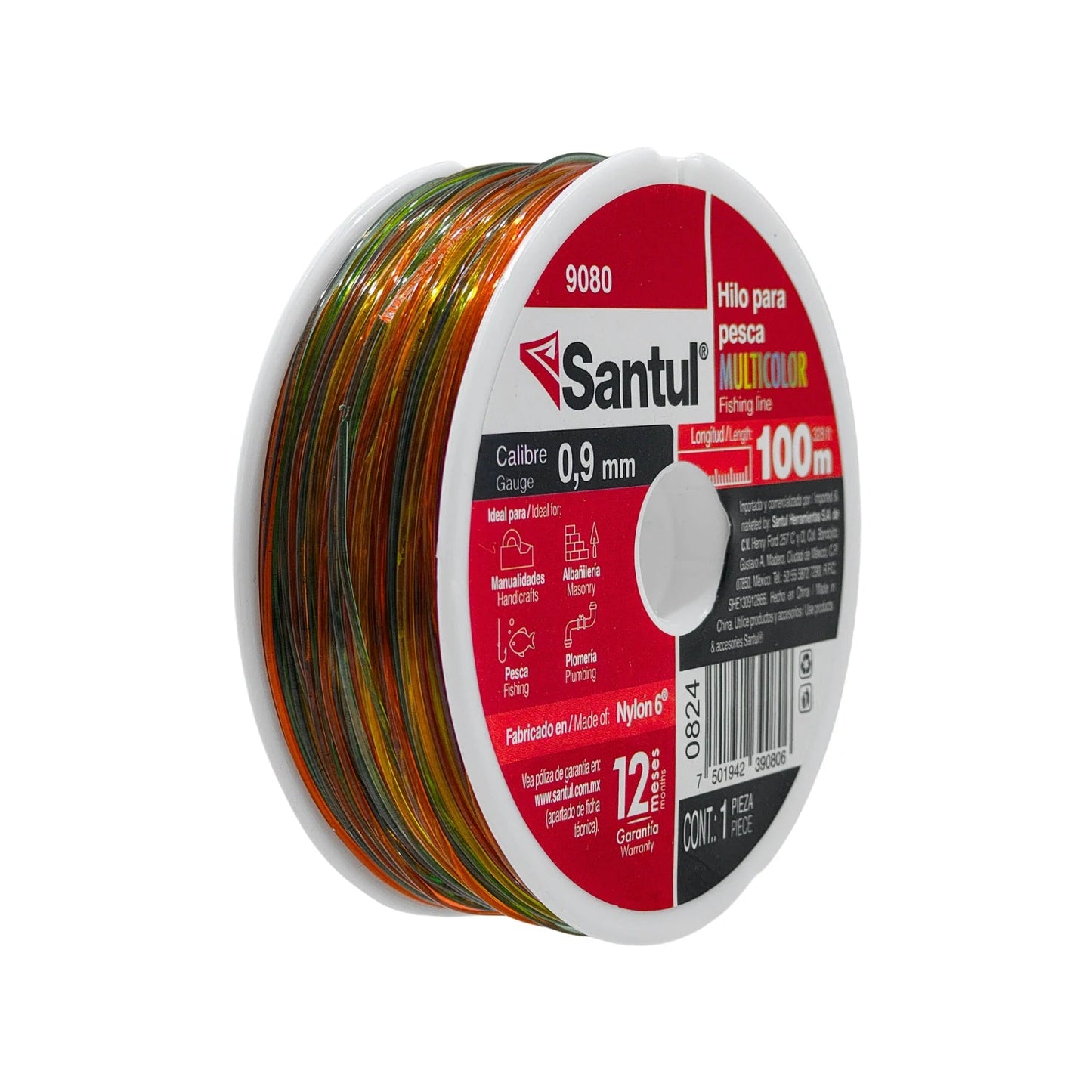 Hilo de pesca Santul 9080 multicolor 0.9mm x 100m, nylon resistente para pesca y manualidades