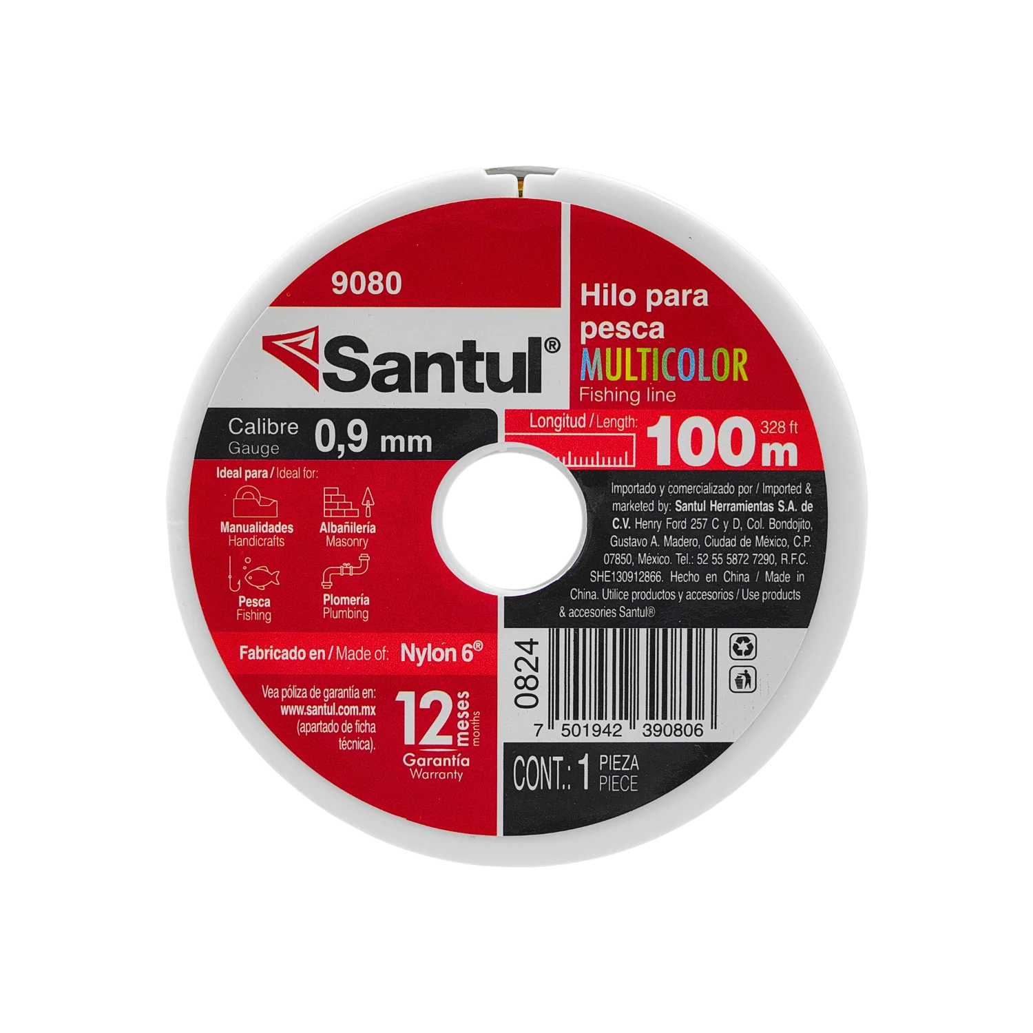 Hilo Santul 9080 nylon multicolor 0.9mm x 100m, para pesca, albañilería y manualidades