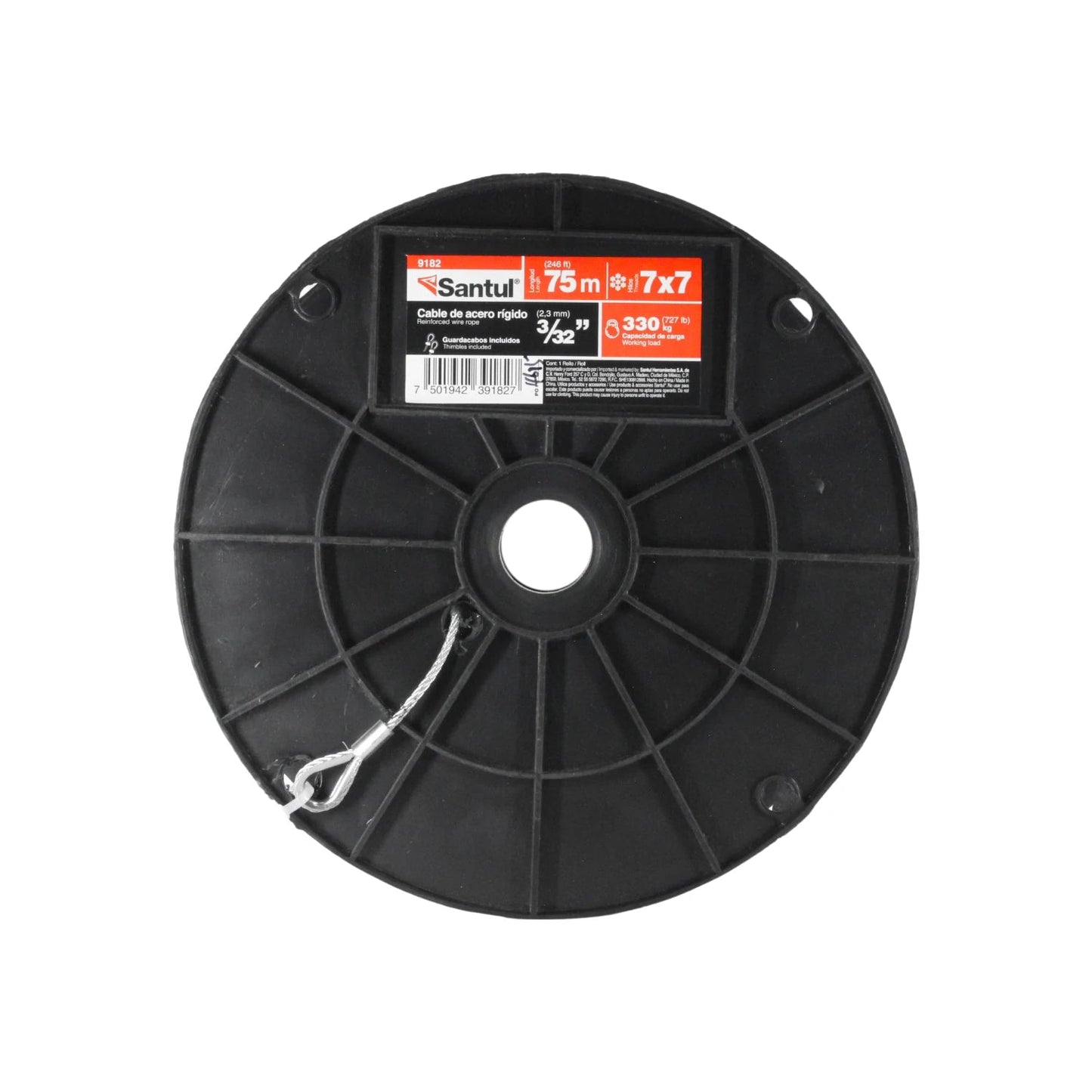 Cable de acero rígido Santul 9182 en carrete negro, 75m 7x7, 3/32" (2.3mm), carga 150kg con guardacabos.
