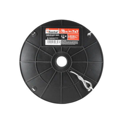 Cable de acero rígido Santul 9183, 7x7, 1/8" (3mm) x 75m, con guardacabos incluidos, carga 510kg, en carrete negro.