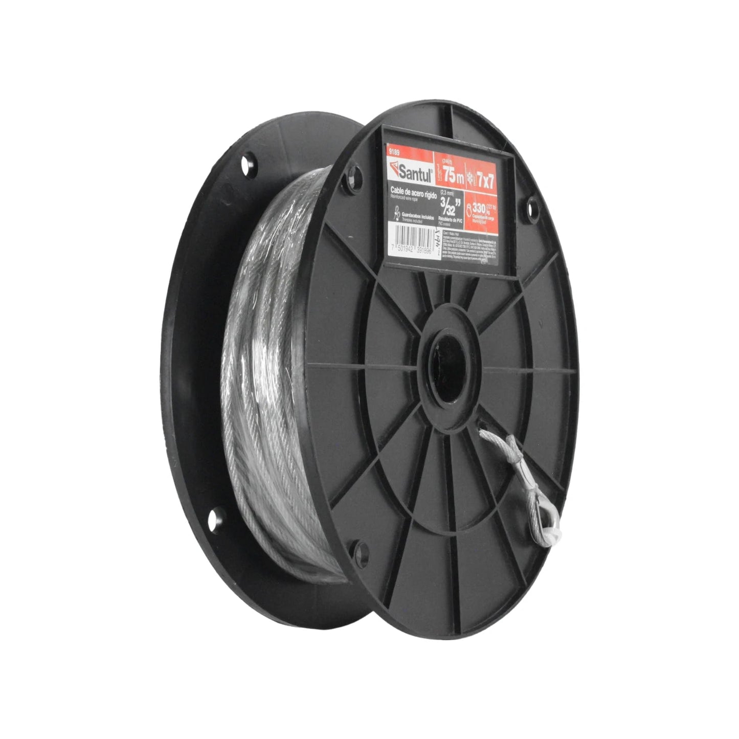 Cable de acero rígido Santul 7x7 recubierto PVC 3/32" x 75m en carrete negro para ferretería