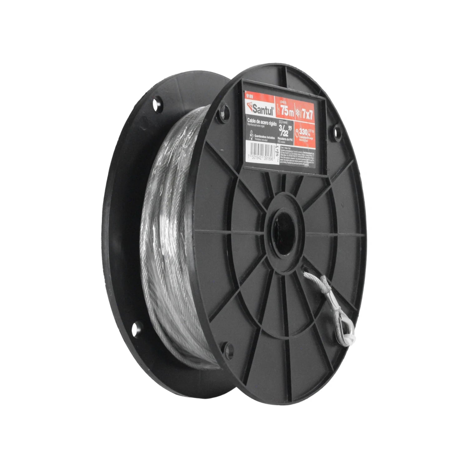 Cable de acero rígido Santul 7x7 recubierto PVC 3/32" x 75m en carrete negro para ferretería