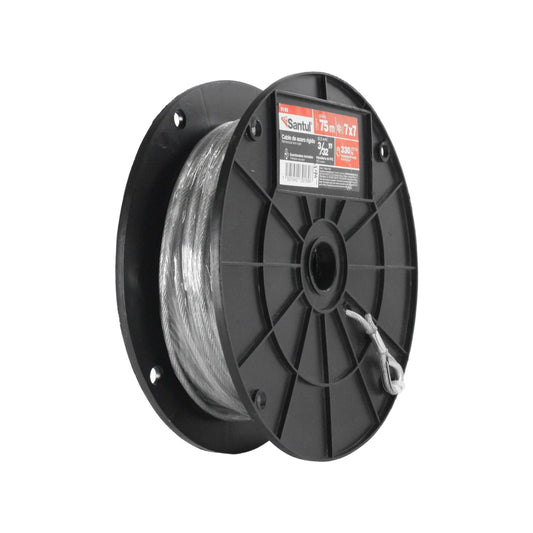 Cable de acero rígido Santul 7x7 recubierto PVC 3/32" x 75m en carrete negro para ferretería