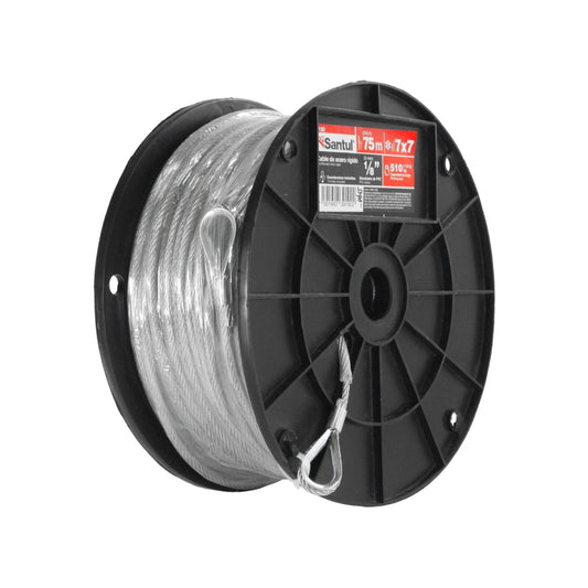 Rollo de cable de acero Santul PVC 7x7 de 1/8" (3mm) x 75m, incluye guardacabos