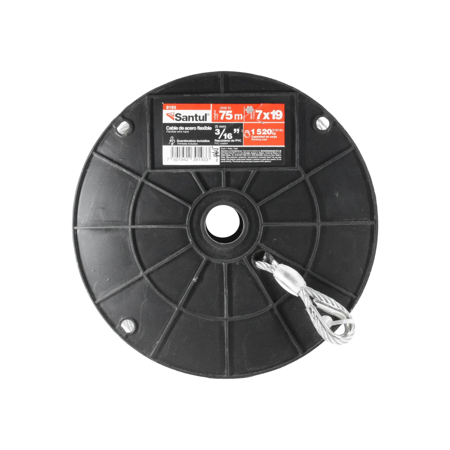 Cable de acero flexible Santul 7x19 3/16" (5mm) x 75m, recubierto PVC, con guardacabo, carga 1520kg