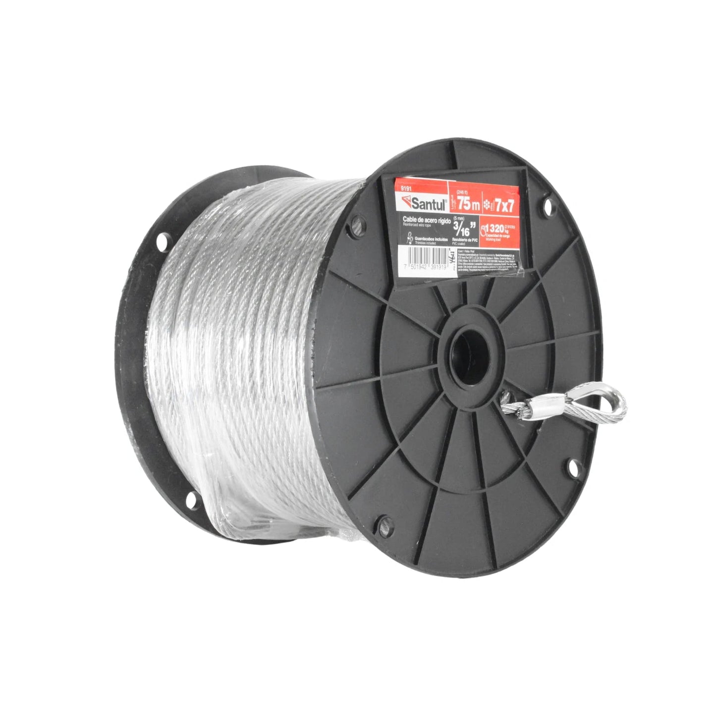 Cable de acero rígido Santul 7x7 3/16" (5mm) x 75m recubierto PVC, carga máxima 320kg.