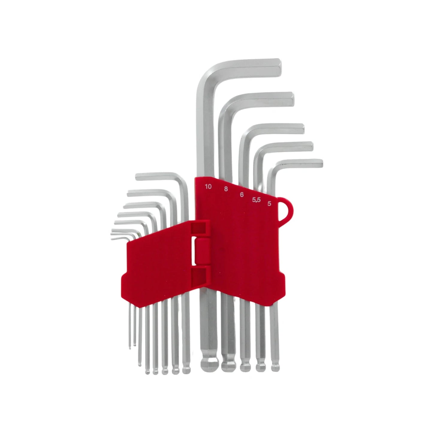 Juego de llaves Allen hexagonales de 13 piezas milimétricas con punta de bola largas, en organizador rojo.