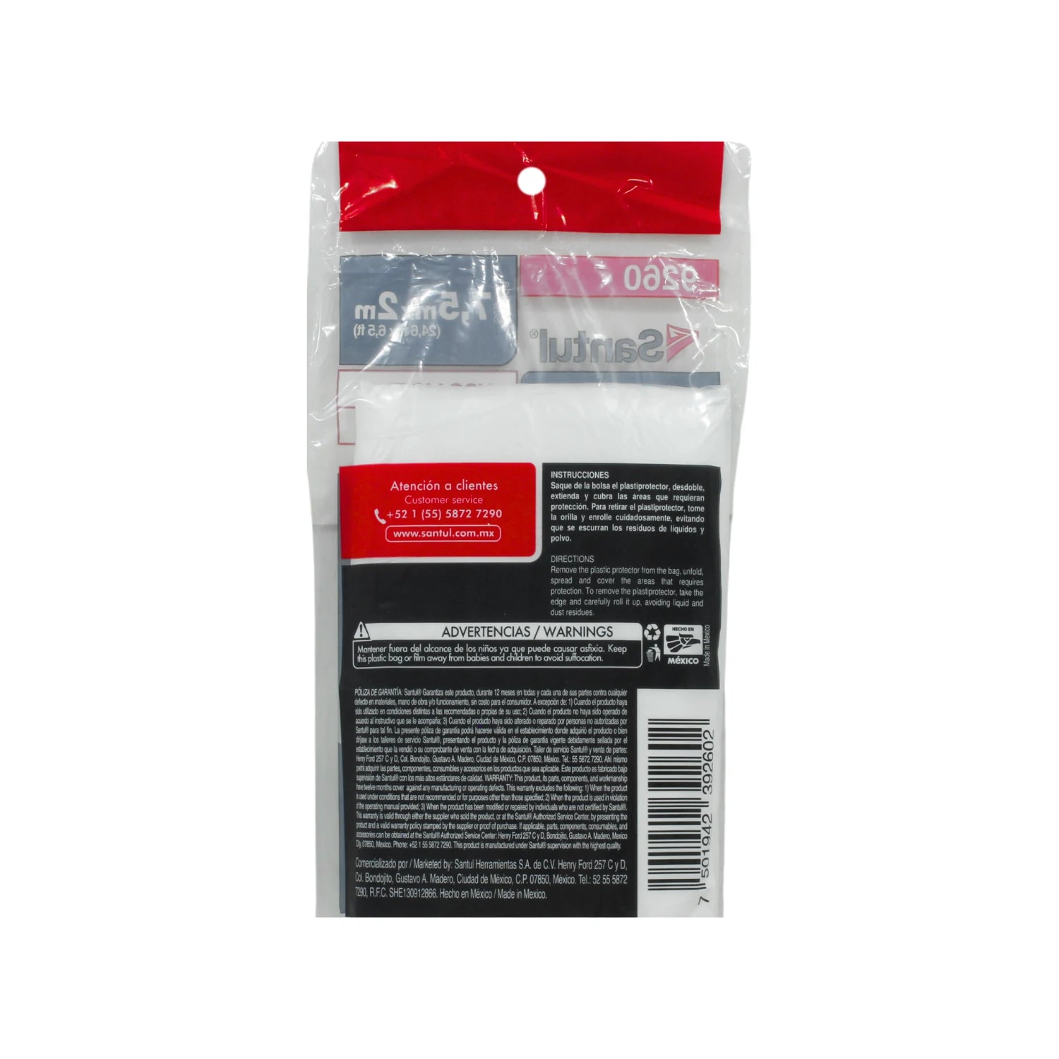 Cubre todo Santul de plástico transparente, protector plegado en su empaque rojo