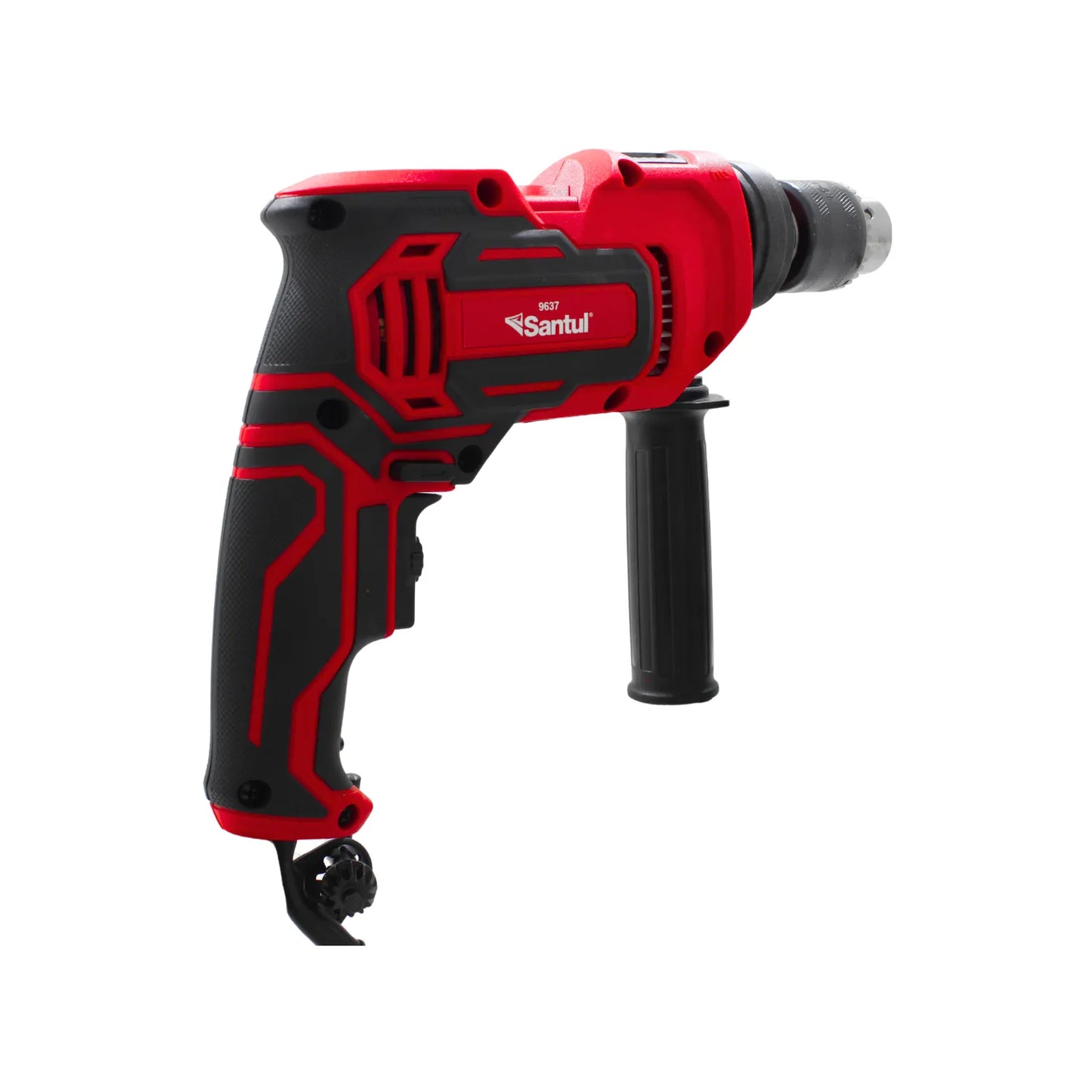 Taladro percutor Santul 9637 rojo y negro con mango auxiliar para perforación en concreto y madera.