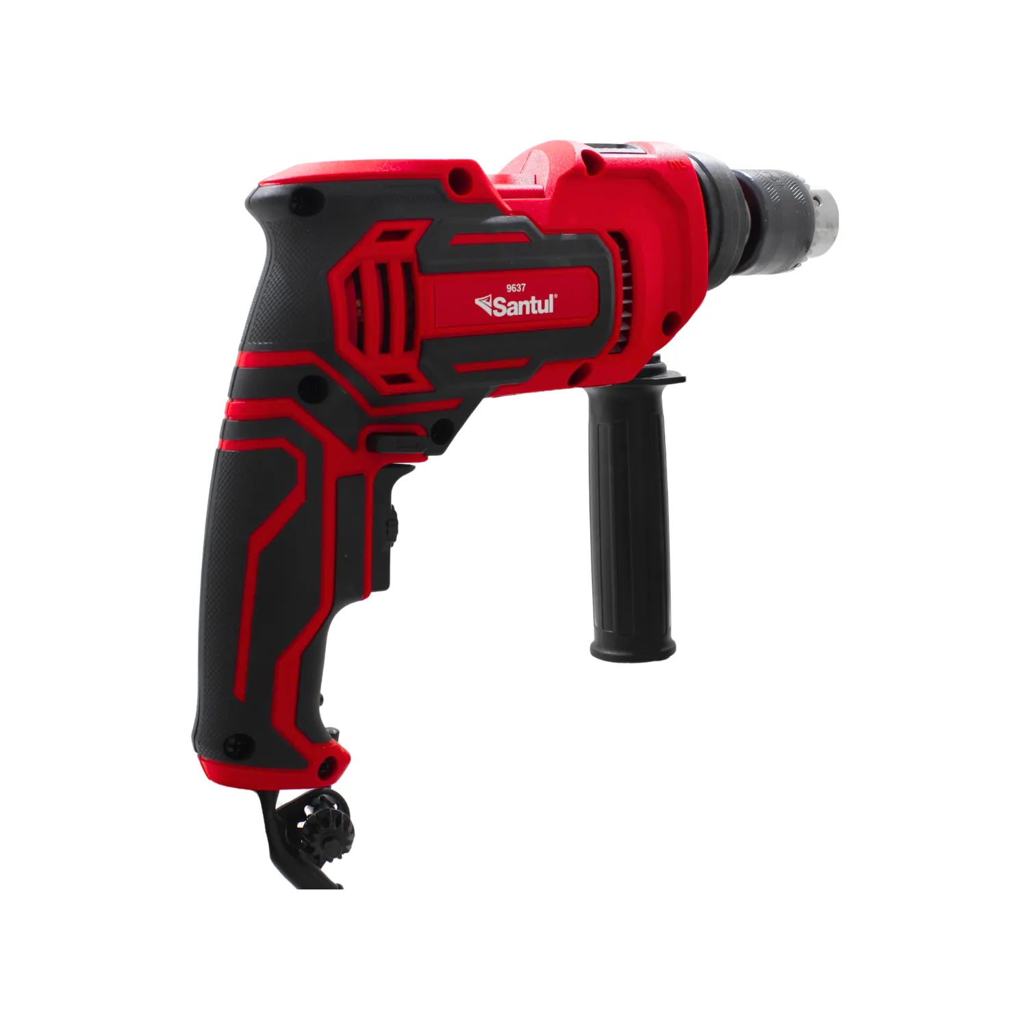 Taladro percutor Santul 9637 rojo y negro con mango auxiliar para perforación en concreto y madera.