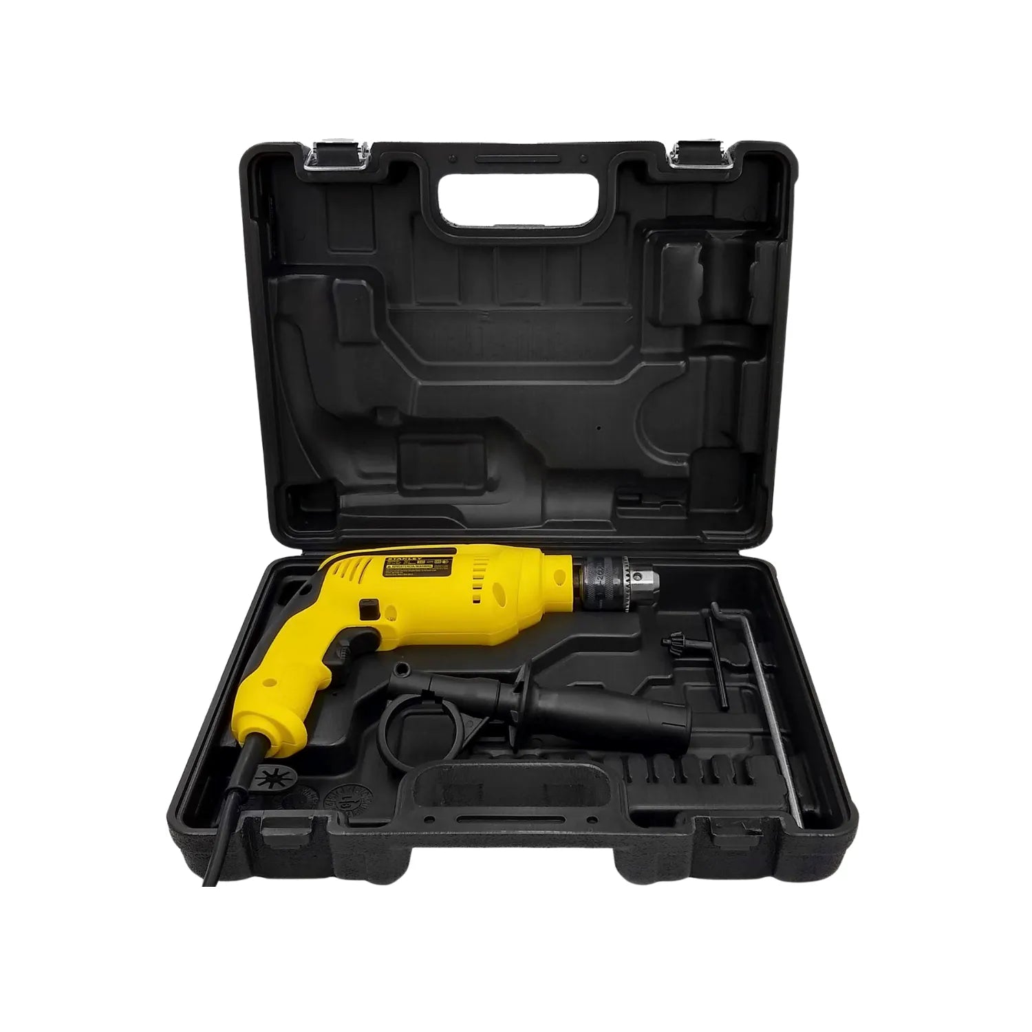 Rotomartillo Stanley amarillo con cable 700W en maletín, incluye mango auxiliar y llave de broquero.